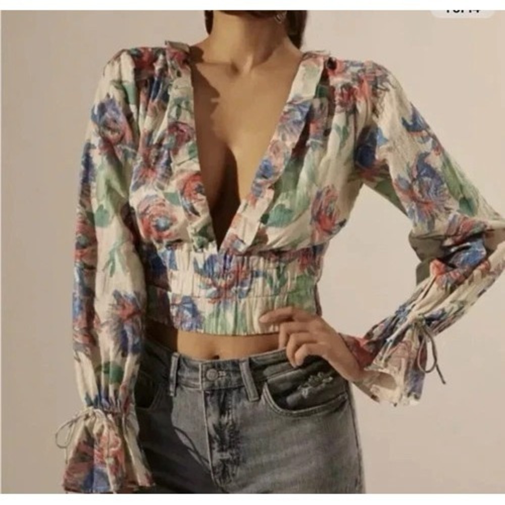 ANTHROPOLOGIE Size L Floral Ruffle Plunge Neck Crop Top Tie Back Blouse NWT